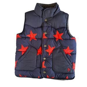 Mini Boden Kid’s Puffer Vest Sherpa Lined Stars Gray Orange Size 5-6